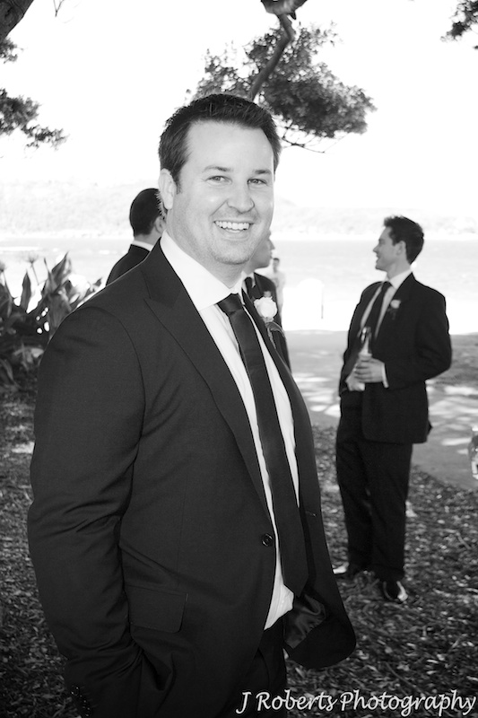 B&W of groom at Balmoral beach - wedding photography sydney